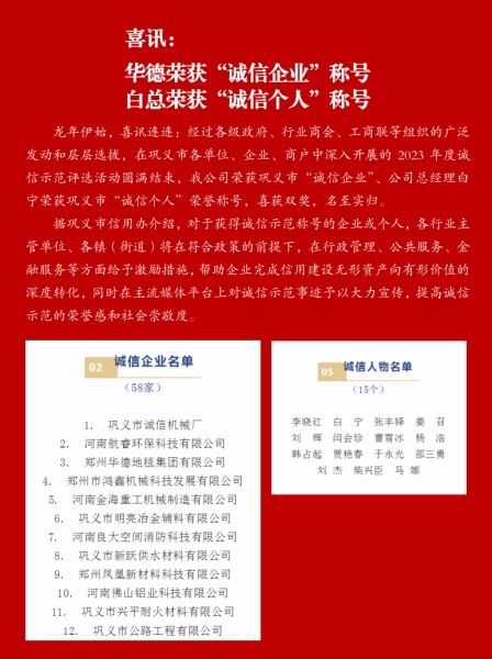 喜訊:華德榮獲誠信企業稱號!  白總榮獲誠信個人稱號!